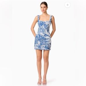 elliatt anneliese blue denim pearl & ribbon embroidered mini dress large NEW